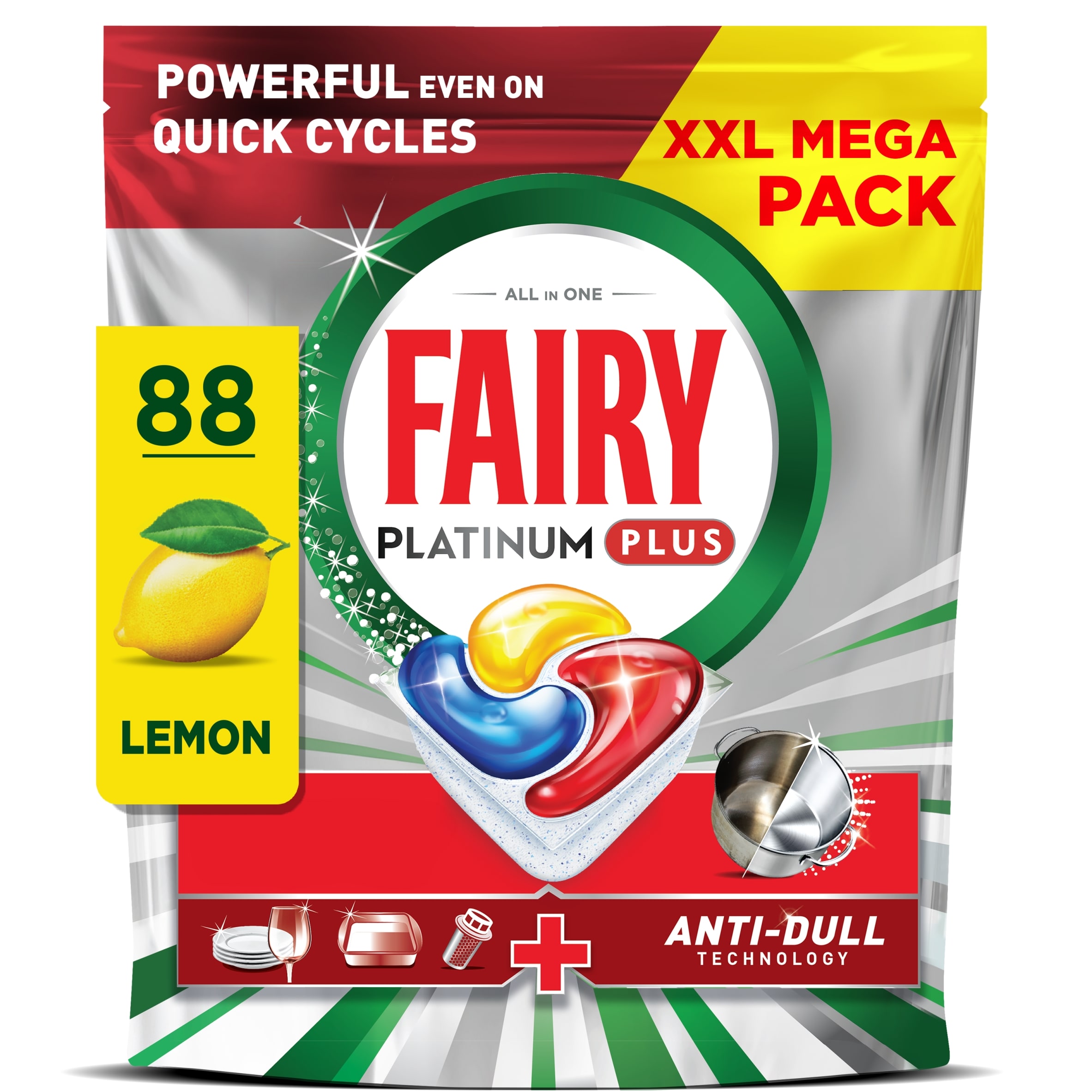 Fairy Platinum Plus All In One XL Mega Pack Lemon 88 Dishwasher Tablets 1365g