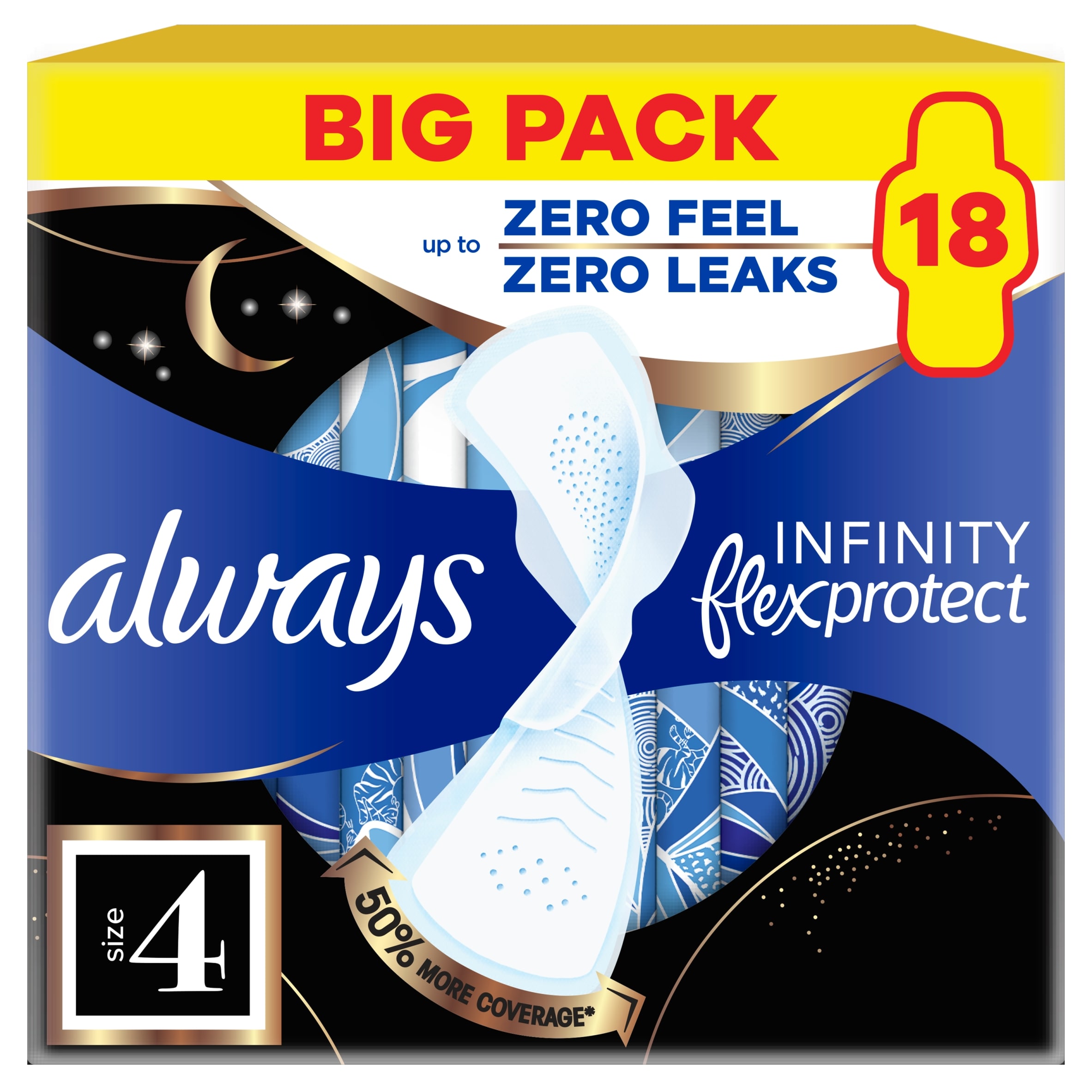 Always Infinity Flex Protect Unscented Pads Size 4 18 Pack
