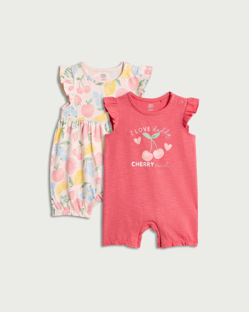 F&F Baby 2-Pack Pure Cotton Fruit Print Rompers in Pink