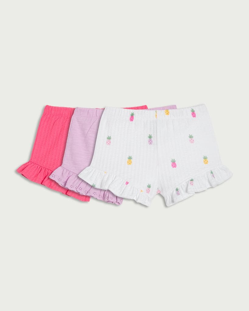 F&F Baby 3-Pack Pure Cotton Textured Pineapple Print Ruffle Hem Shorts in Pink