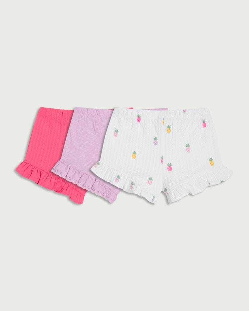 F&F Baby 3-Pack Pure Cotton Textured Pineapple Print Ruffle Hem Shorts in Pink thumbnail 2