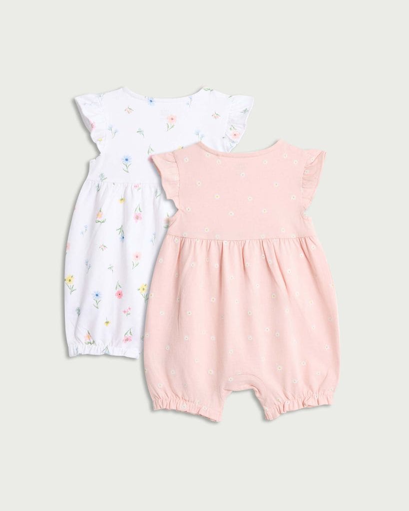 F&F Baby 2-Pack Pure Cotton Floral Rompers in Pink thumbnail 2