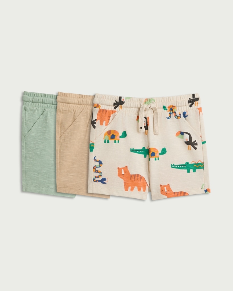 F&F Baby 3-Pack Pure Cotton Animal Print Drawstring Shorts in Neutral