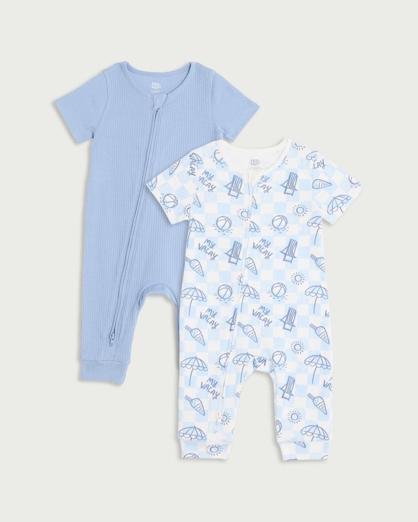 F&F Baby 2-Pack Cotton Rich Holiday Short Sleeved Zip Up Rompers in Blue
