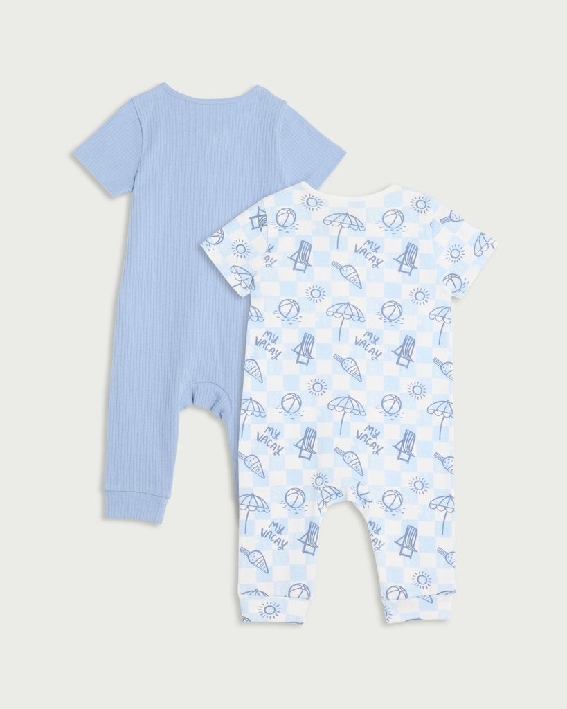F&F Baby 2-Pack Cotton Rich Holiday Short Sleeved Zip Up Rompers in Blue thumbnail 2