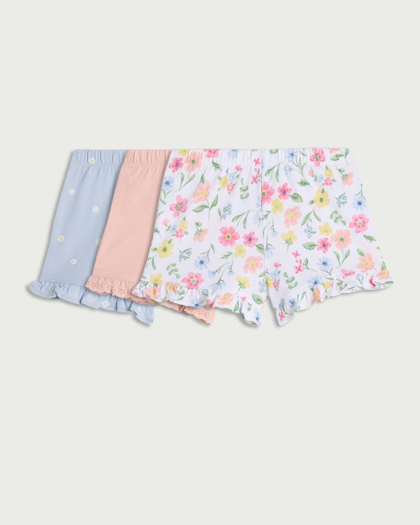F&F Baby 3-Pack Pure Cotton Floral Ruffle Hem Shorts in Pink