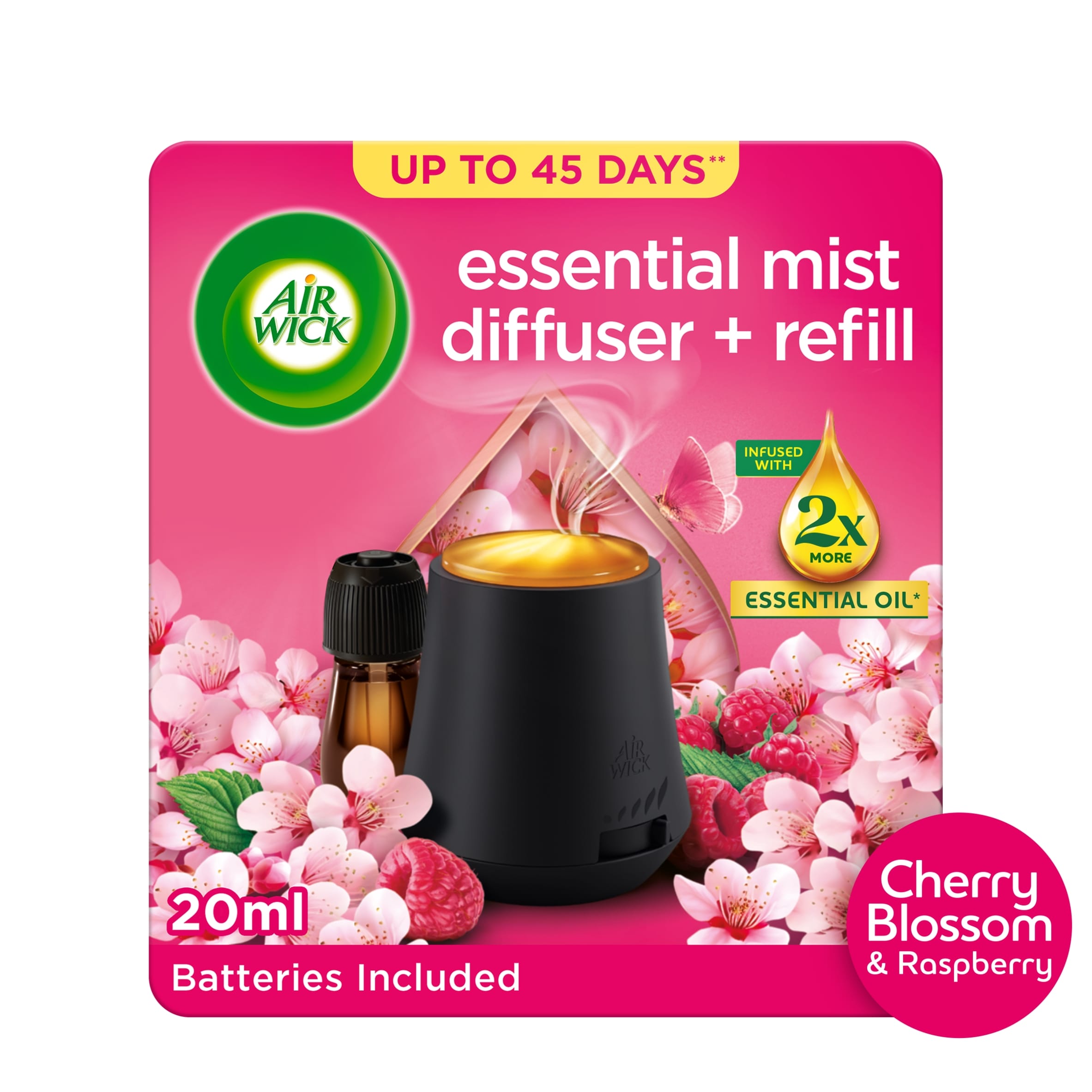 Air Wick Cherry Blossom & Raspberry Mist Diffuser 20ml. Lasts up to 45 days. Air Freshener.