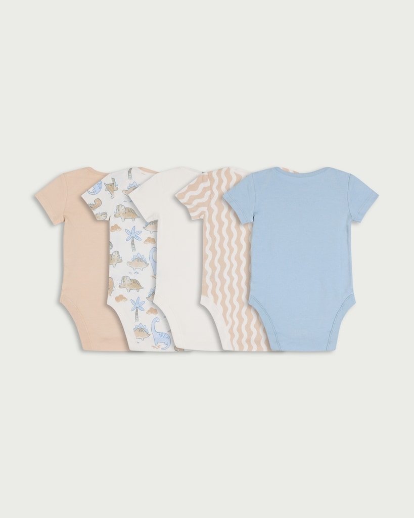F&F Baby 5-Pack Pure Cotton Dinosaur Print Bodysuits in Blue thumbnail 2