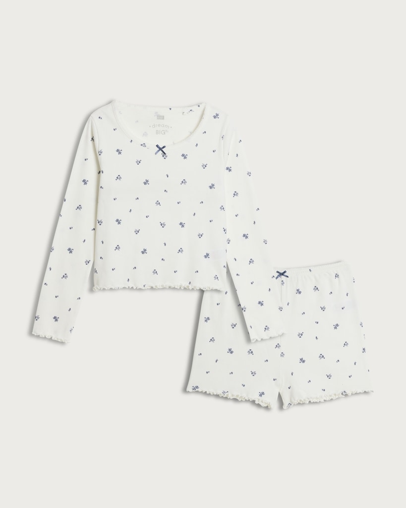 F&F Girls Cotton Rich Ribbed Floral Print Pyjama Set in Cream