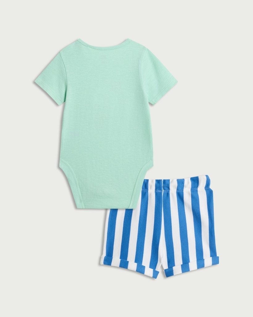 F&F Baby 2-Piece Pure Cotton Bodysuit and Striped Shorts Set in Mint thumbnail 2