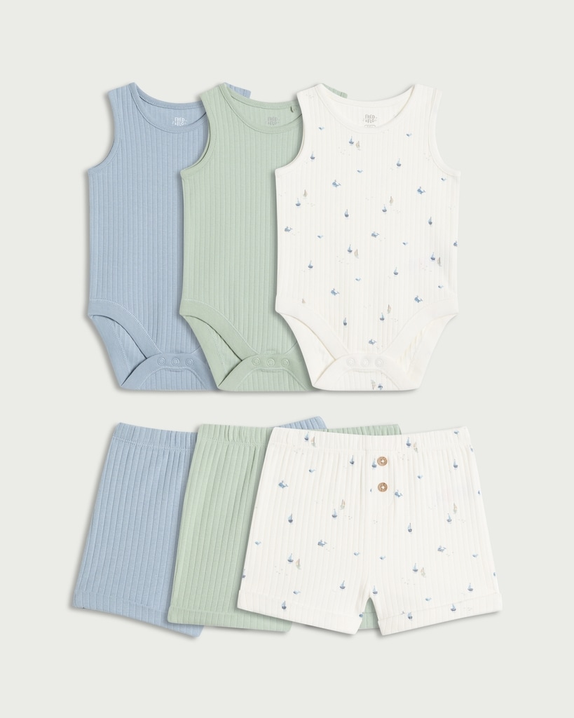 F&F Baby 3-Pack Cotton Rich Ribbed Bodysuits and Shorts Sets in Multi
