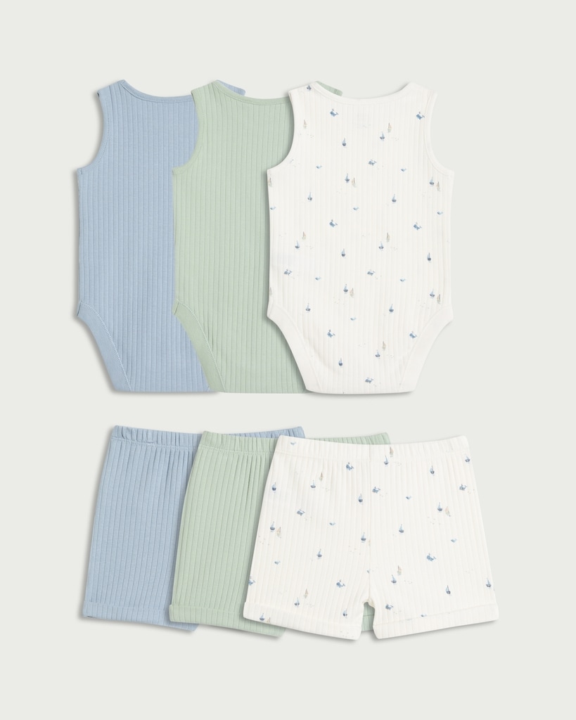 F&F Baby 3-Pack Cotton Rich Ribbed Bodysuits and Shorts Sets in Multi thumbnail 2