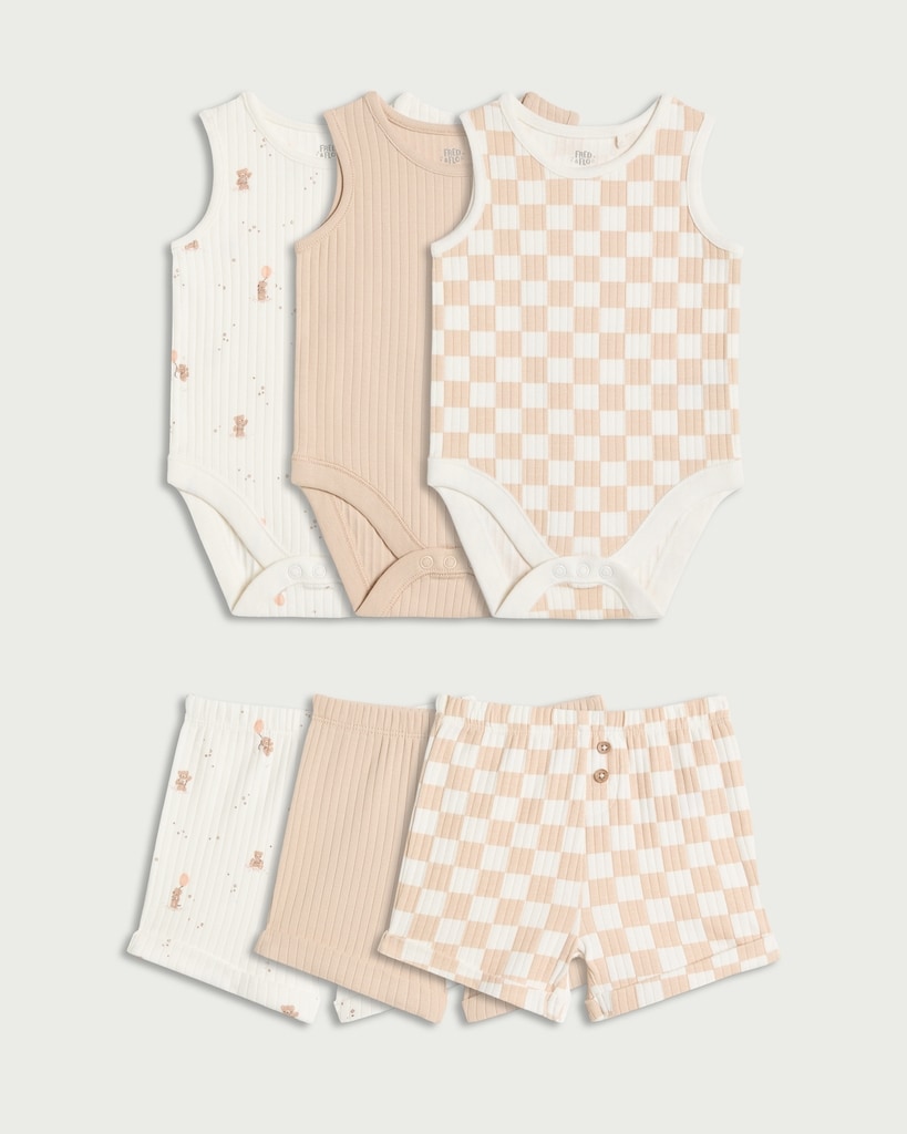 F&F Baby 3-Pack Cotton Rich Bodysuits and Shorts Sets in White
