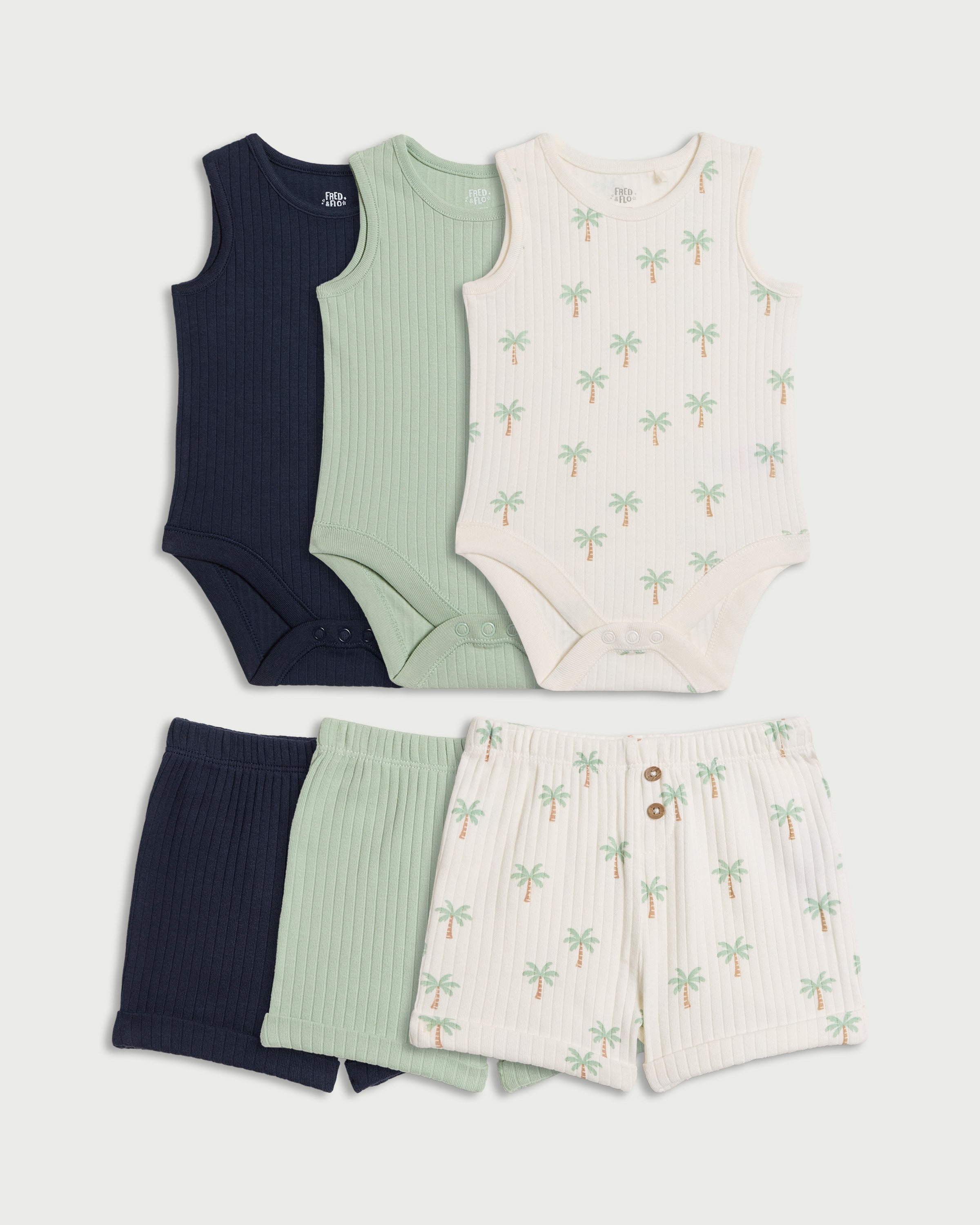 F&F Baby 3-Pack Cotton Rich Ribbed Bodysuit and Shorts Sets in Multi