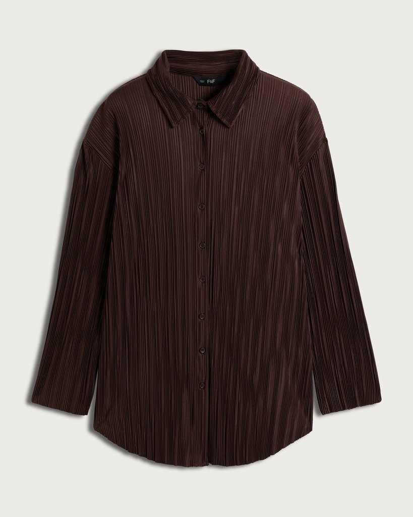 F&F Plisse Pleated Button Up Shirt in Chocolate