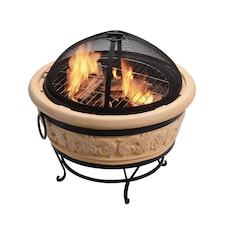 Teamson Home 27in Outdoor Round Wood Burning Fire Pit with Light Concrete and Steel Base, Stone/Black