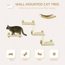 PawHut 3PC Wall Mounted Cat Tree Climbing Shelf Set with Scratching Post Oak thumbnail 3