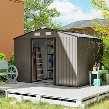 Outsunny 9 x 6FT Galvanised Garden Storage Shed with Sliding Door, Brown thumbnail 2