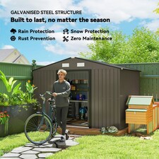 Outsunny 9 x 6FT Galvanised Garden Storage Shed with Sliding Door, Brown thumbnail 3