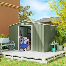 Outsunny 9 x 6FT Galvanised Garden Storage Shed with Sliding Door, Light Green thumbnail 2