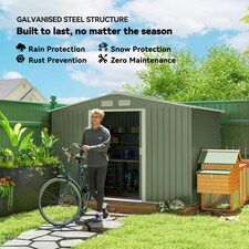 Outsunny 9 x 6FT Galvanised Garden Storage Shed with Sliding Door, Light Green thumbnail 3