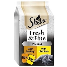 96 x 50g Sheba Fresh & Fine Adult Wet Cat Food Pouches Chicken & Turkey in Jelly