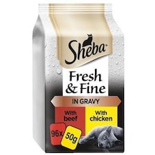 96 x 50g Sheba Fresh & Fine Adult Wet Cat Food Pouches Beef & Chicken in Gravy