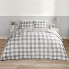 OHS Gingham Print Reversible Microfibre Duvet Cover Bedding Set, Double - Grey