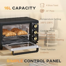 HOMCOM Mini Oven 16L Countertop Oven w/ Adjustable Temp Timer 1400W, Black thumbnail 4