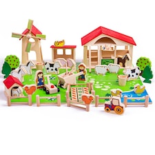 Bigjigs Toys Wooden Farm Playset, Farm Toys, Includes 50 Play Pieces