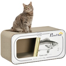 PawHut Cat Scratching Board, 2 in 1 Cat Scratcher Cardboard with Catnip, Canned Tuna Design Cat House for Indoor Kitty, Cream White