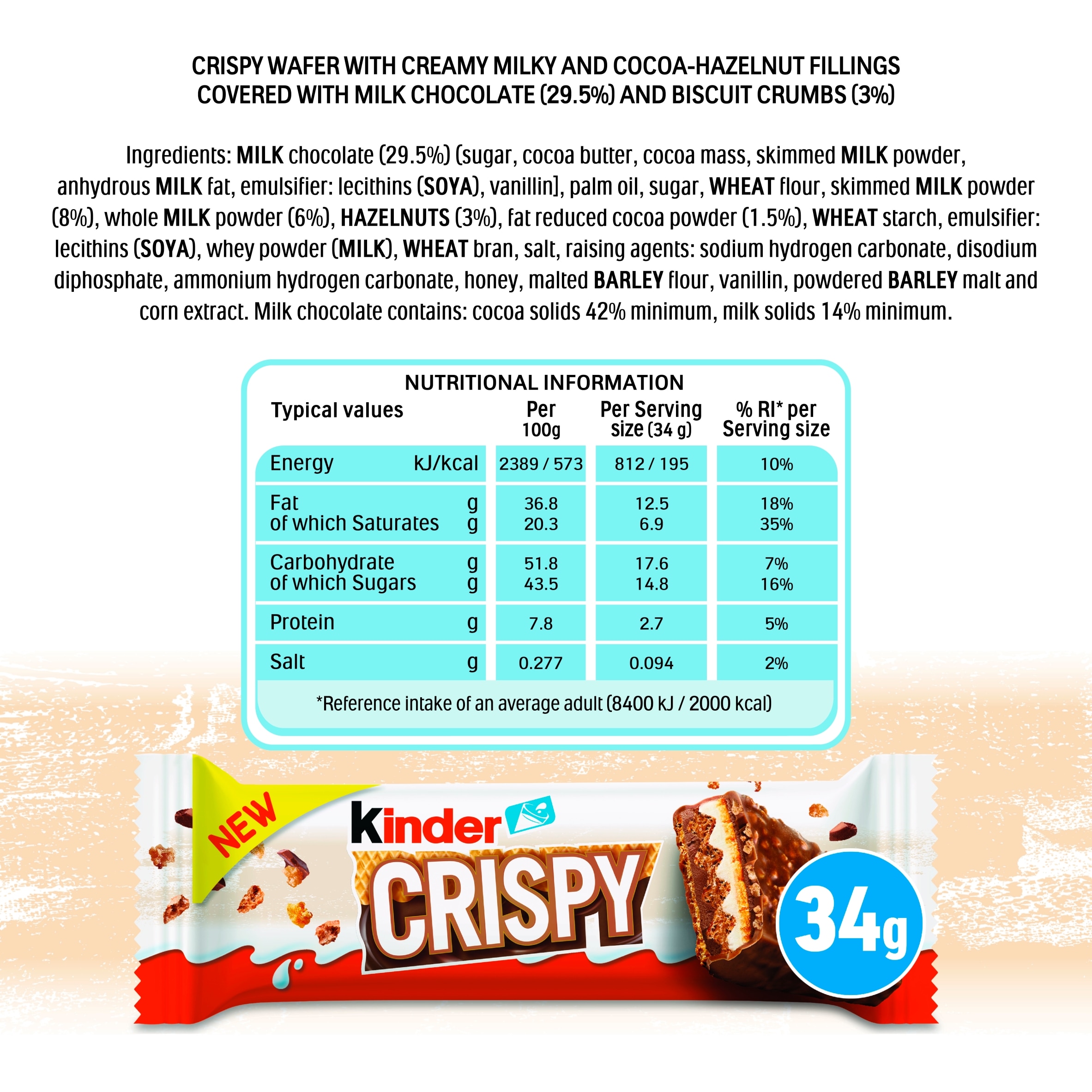 Kinder Crispy Wafer, Chocolate & Hazelnut Bar 34g thumbnail 3
