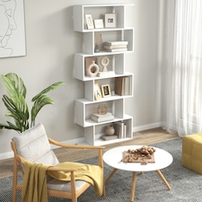 HOMCOM 6-Tier Wooden Modern S-Shaped Shelf Storage Unit Home Office White thumbnail 2