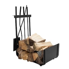 Hazel Log Holder and Fireset Tool Stand Poker Tongs Brush Coal Shovel Tool Stand