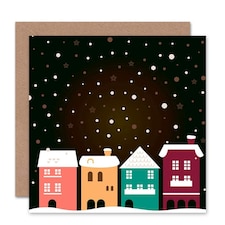 Town Houses Street Night Snow Simple Modern Christmas Card