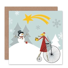 Snowman Shooting Star Bicycle Girl Christmas Card