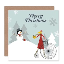 Merry Snowman Shooting Star Bicycle Christmas Card