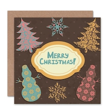 Merry Holidays Snowman Tree Pattern Vintage Christmas Card