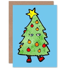 Cool Walking Xmas Tree Cartoon Child Kids Christmas Card