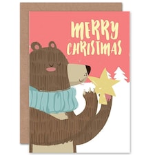 Cute Bear Holding Star Tree Topper Cartoon Christmas Card