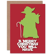 Candy Cane Jedi Master Silhouette Funny Christmas Card
