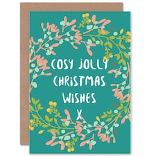 Cosy Jolly Xmas Wishes Flower Wreath Elegant Christmas Card