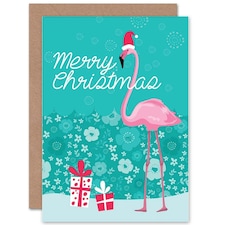 Santa Hat Flamingo Bird With Xmas Presents Christmas Card