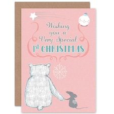 A Very Special 1st First Bear Mouse Baby Pink Christmas Card