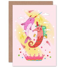Cute Unicorn Seahorse Narwhal Cartoon Kids Christmas Card