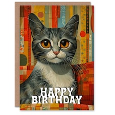 Retro Mid Century Grey Cat Portrait Patchwork Birthday Card