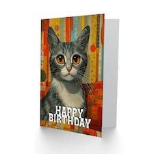 Retro Mid Century Grey Cat Portrait Patchwork Birthday Card thumbnail 2