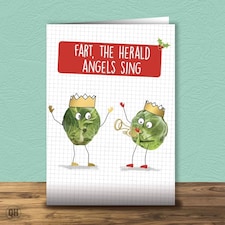 Fart The Herald Angels Sing Cute Brussles Sprout Christmas Card With Gold Foil Finish