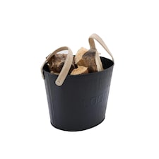 Spruce Small Leather Handled Fireside Wood Bucket Iron Classic Style Black Matte