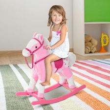 HOMCOM Rocking Horse Toy Plush Wood Pony Riding Rocker Neigh Sound Pink thumbnail 2
